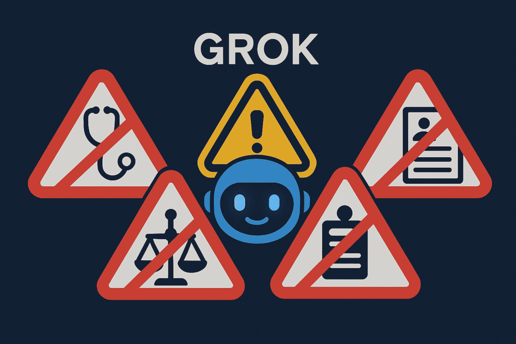 Warning symbols showing crossed-out icons for medical advice, legal documents, and resume writing, with Grok AI avatar behind caution signs, conveying tasks users should avoid using Grok AI for.