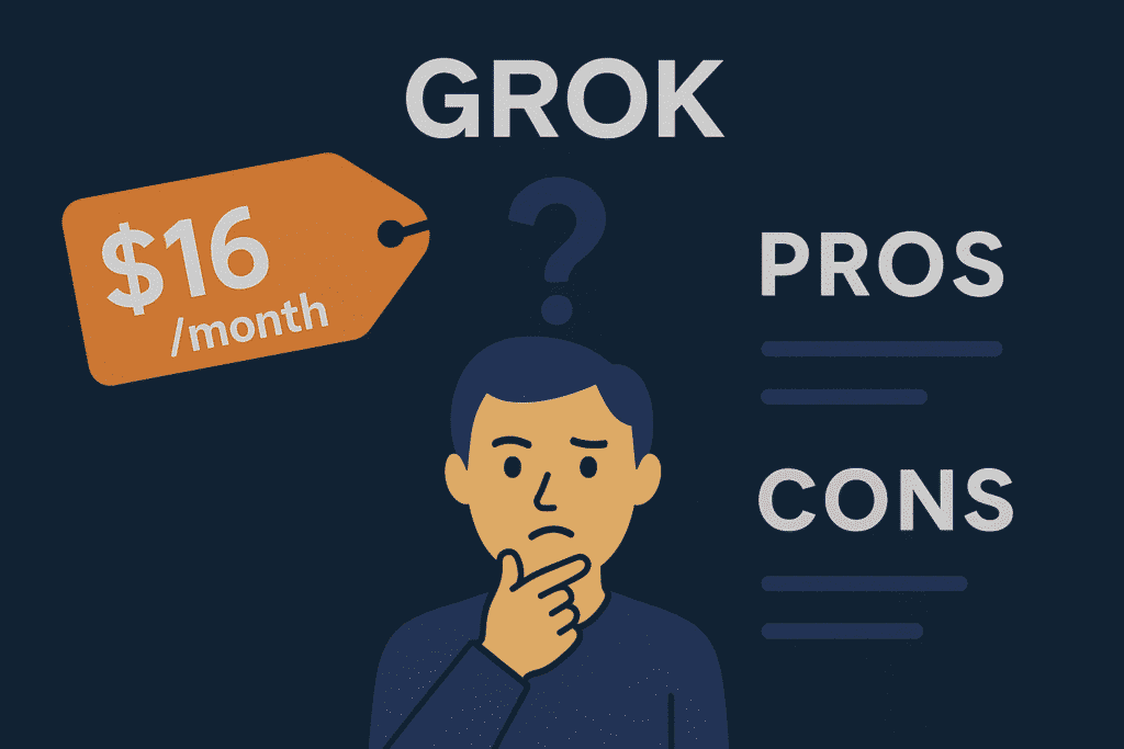 User deciding whether to subscribe to Grok AI at $16/month, displaying pros and cons list, Grok AI logo above, and decision-making metaphor in modern flat-style illustration, landscape format.