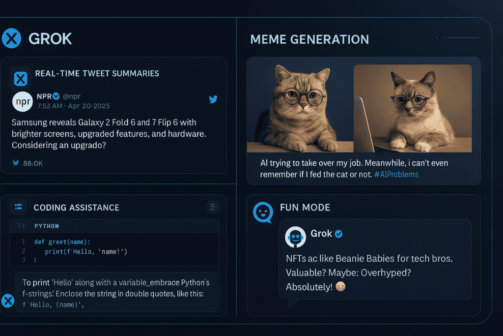 Split-screen digital interface showcasing Grok AI features: real-time tweet summaries, meme generation with funny visuals, coding assistance with Python editor, and fun mode chatbot responses, presented in futuristic 2025 style, landscape layout.
