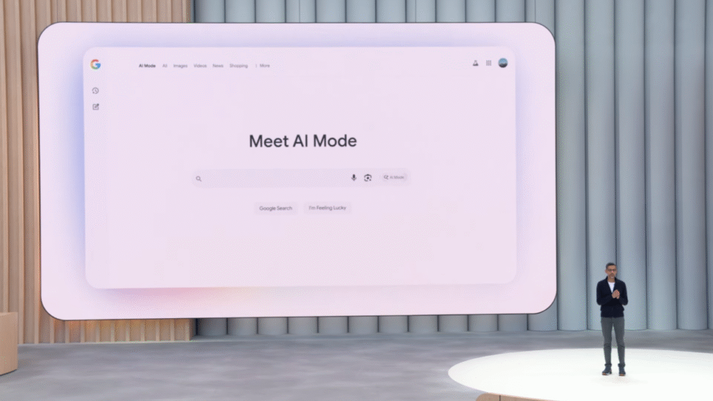 Google Search with AI Mode showing conversational results and Project Astra analyzing real-world input through a smartphone.