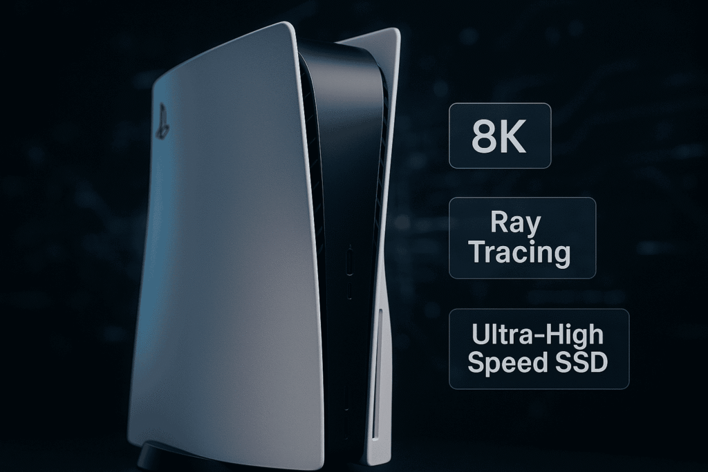 Detailed close-up of PS5 Pro console with floating spec highlights and cinematic lighting – TechGrowAI