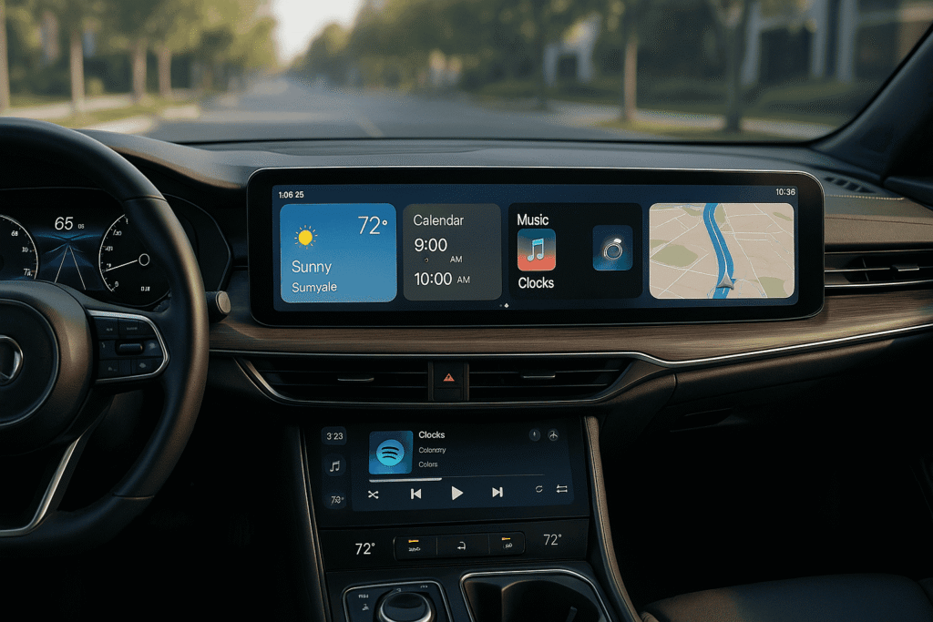Futuristic car dashboard showcasing Apple CarPlay iOS 26 features with multi-screen interface, live widgets, and advanced vehicle integration.
