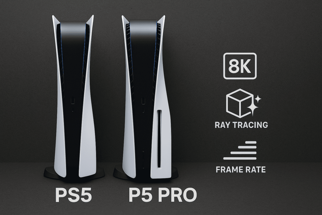 Visual comparison of PS5 and PS5 Pro with feature highlights like 8K and ray tracing – TechGrowAI
