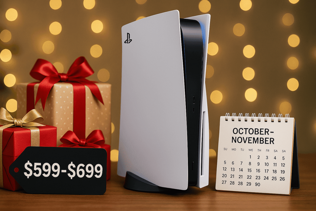 PS5 Pro console displayed with holiday gift boxes, price tag of $599–$699, and October–November 2025 calendar in background
