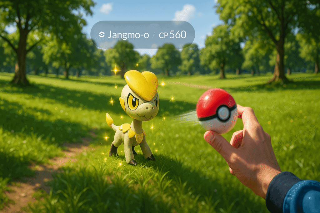 Trainer throwing a Poké Ball at a glowing Shiny Jangmo‑o during Pokémon Go Community Day in a vibrant green park on a sunny day, with the golden Shiny Jangmo‑o standing out against the grass, mid-catch animation, and CP 560 displayed on screen.
