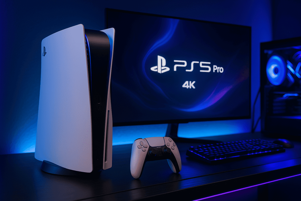 PS5 Pro console on a modern RGB-lit desk with 4K display and futuristic gaming vibe – via TechGrowAI