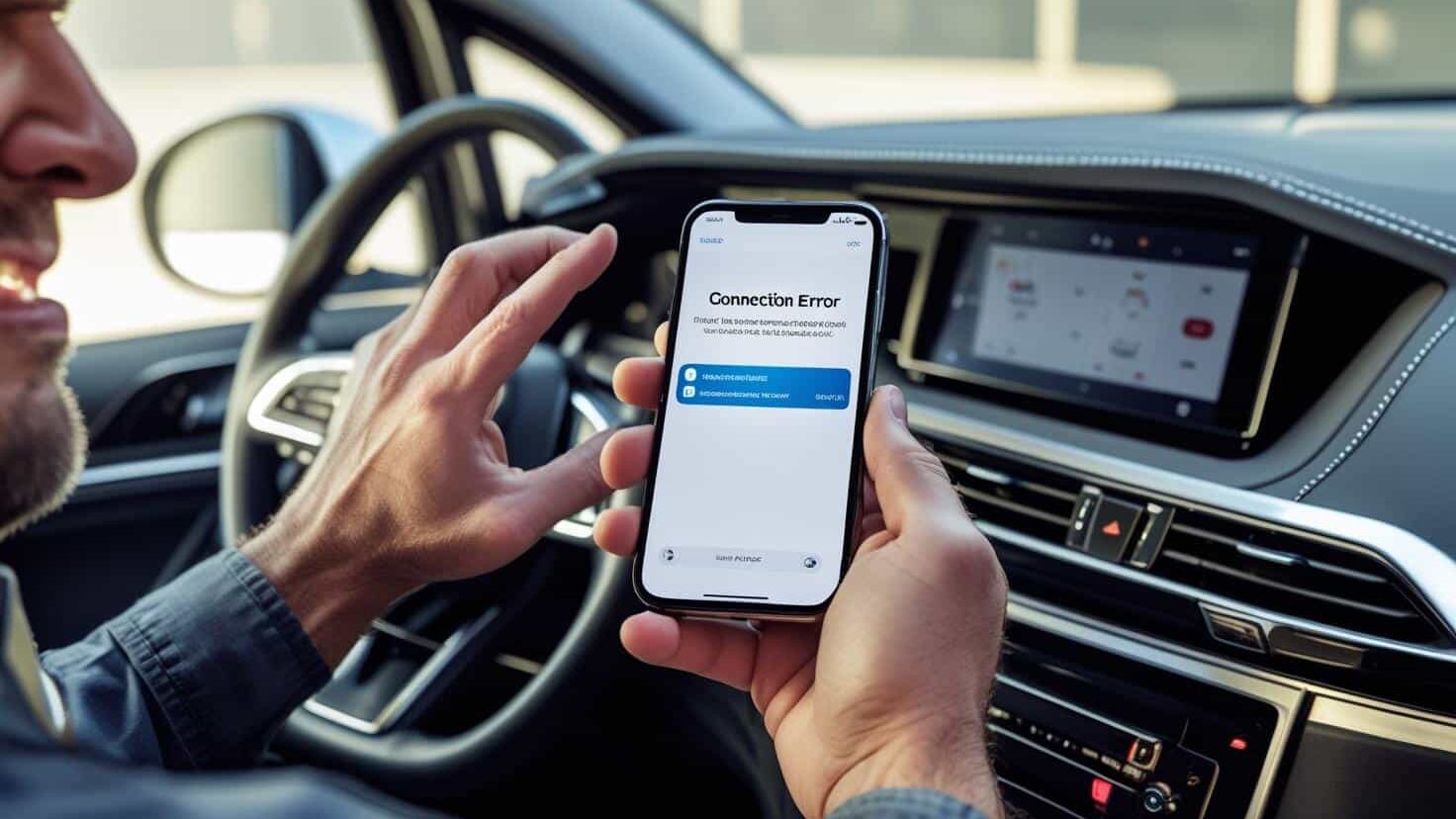 Frustrated driver inside modern car troubleshooting iOS 26 CarPlay connection error, holding iPhone while dashboard shows error alert, bright interior, technical glitch moment.
