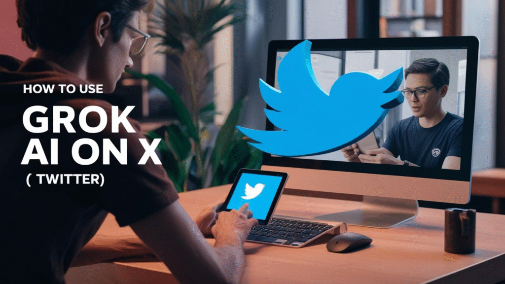 User interacting with Grok AI on X (Twitter) platform, using real-time chatbot features on laptop and tablet in 2025.