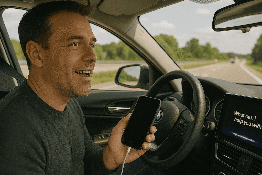 Driver casually talking to Siri using iOS 26 CarPlay, windows slightly open, natural light filling the car cabin, highway road view in the background, clear digital interface visible.