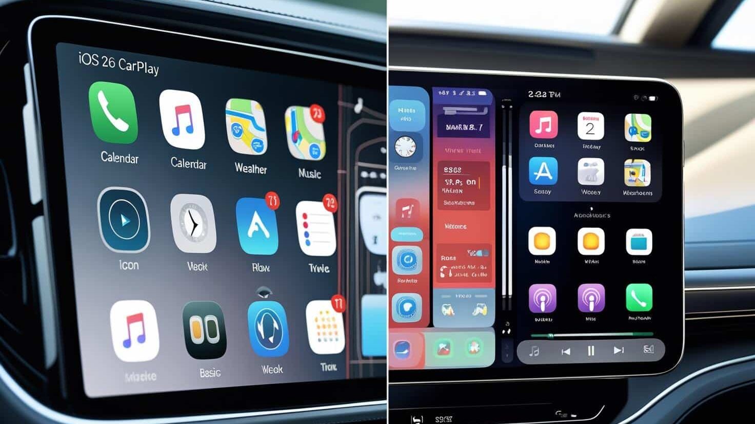Side-by-side split screen comparing older CarPlay interface with limited features to new iOS 26 CarPlay interface showing widgets, multi-screen integration, and real-time vehicle data, futuristic design, clean tech visualization, ultra HD.